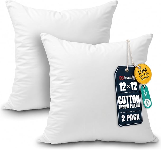 Foamily 12x12 Throw Pillow Inserts, Set of 2, 100% Cotton Cover, White | Cotton cover, plush down-alternative fill, machine washable Fits 12x12 covers Couch, sofa, bed, nursery décor