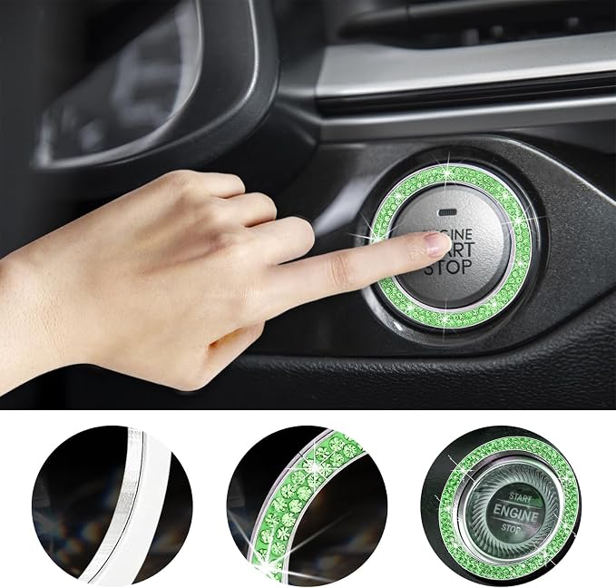 Kewucn 2 PCS Bling Crystal Double Rhinestone Car Engine Start Decoration Ring, Sparkling Push Start Button Sticker, Key Ignition & Knob Ring Decoration, Bling Car Interior Accessory(Light Green)