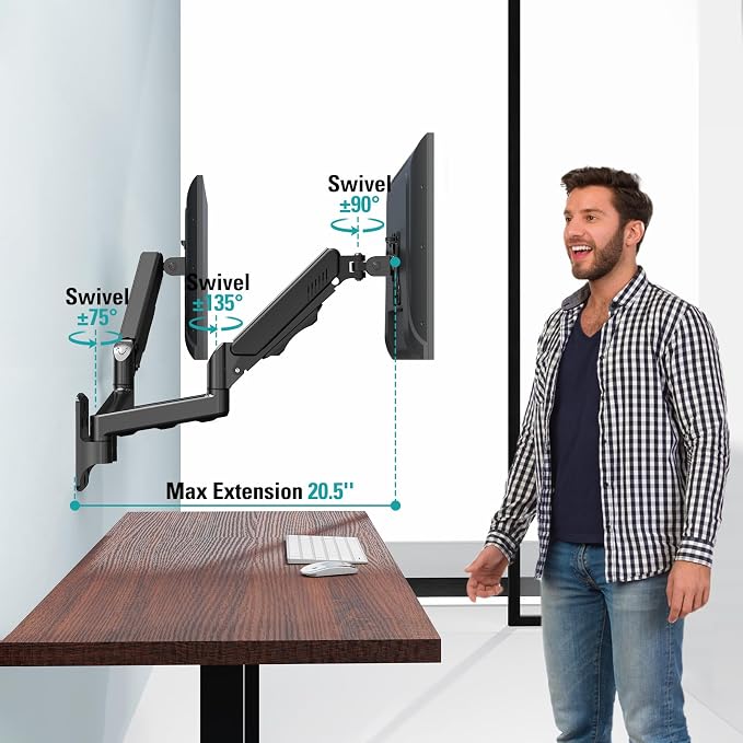 Dual Monitor Wall Mount for 13 to 32 Inch Computer Screens, Monitor Mounts for 2 Monitors Holds Up to 19.8lbs Each,Full Motion Gas Spring Monitor Arm with VESA 75x75/100x100
