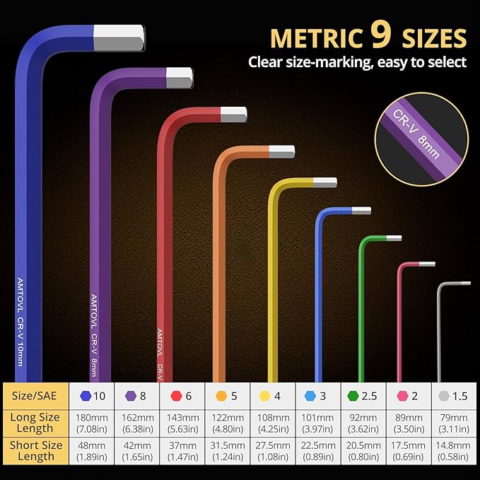 AMTOVL Hex Key Set, 9PCS Metric Allen Key Set, 1.5-10MM, Anti-Slip Long Ball End Hex Wrench Set, Color Coding Hex Key Set for Disassembling Mechanical Equipment, Vehicle, and Bicycle Repairs