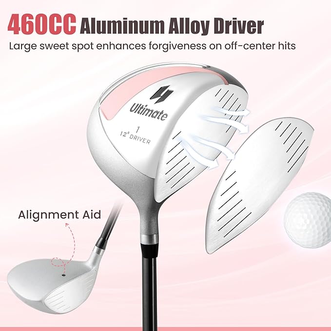 Tangkula 9/10/12 Pieces Women's Complete Golf Clubs Set, Golf Club Package Set with 460CC Driver, Fairway Wood & Hybrid, Irons, Putter, Portable Regular Golf Club Set