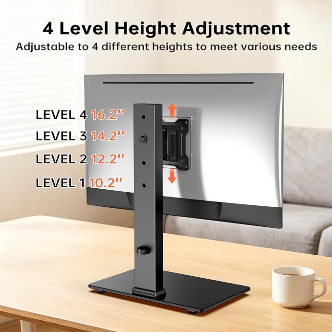 Afaloona Freestanding Single Monitor Stand for 13-32 Inch Monitor, No Clamp | Max Load 77lbs | Tempered Glass Base | ±25° Swivel | -5° to +10° Tilt | 360° Rotation | 4 Height Options | VESA 75×75/100×100