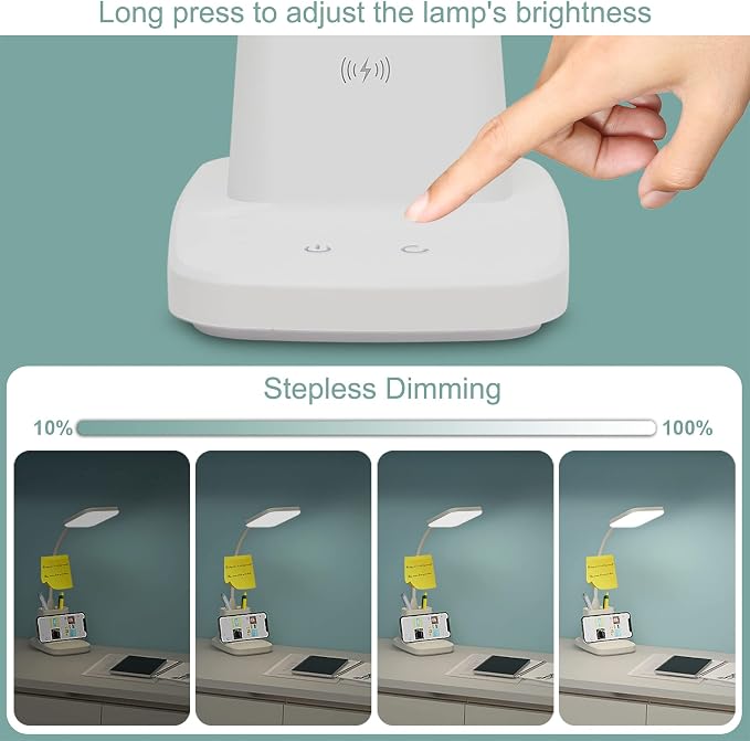 Upgraded 10W Wireless Charging LED Desk Lamp with Pen Holder, White | CRI 95, 800LM, Stepless Dimming, 3 Modes, 360°Flexible Arm, Touch, Study Table Lamp for Home Office, Dorm Room, with Adapter