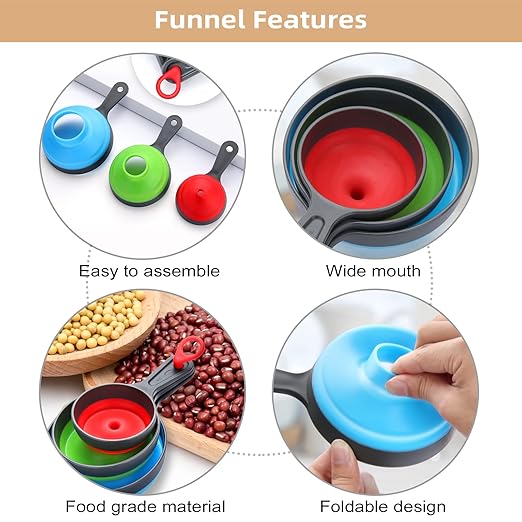 Funnels for Kitchen Use Set of 3, Dokpod Collapsible Funnels for Filling Bottles, Wide Mouth Canning Funnel, Small Medium Large Funnel Set for Filling Solid Particles, Powder and Liquid,