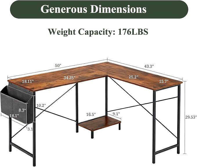 L Shaped Desk Computer Desk, 50inch Brown Gaming Desk with CPU Stand | Reversible Corner Desk, Storage Bag, Sturdy Metal Frame, Student Study Writing Table for Home Office
