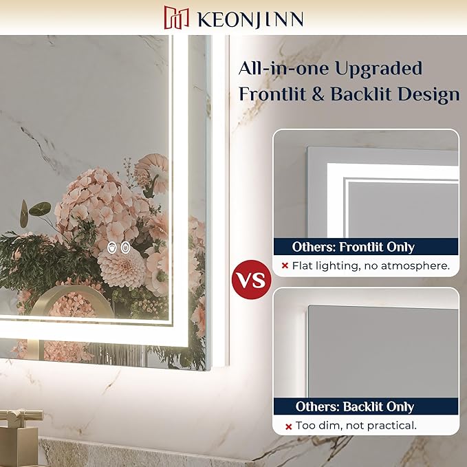 Keonjinn LED Bathroom Mirror with Lights, 40 x 24 Inch Frontlit & Backlit Mirror for Bathroom Wall, HD Tempered Glass, UL-Listed LED Driver, Anti-Fog, 3 Color Temperature, Dimmale, Memory Function