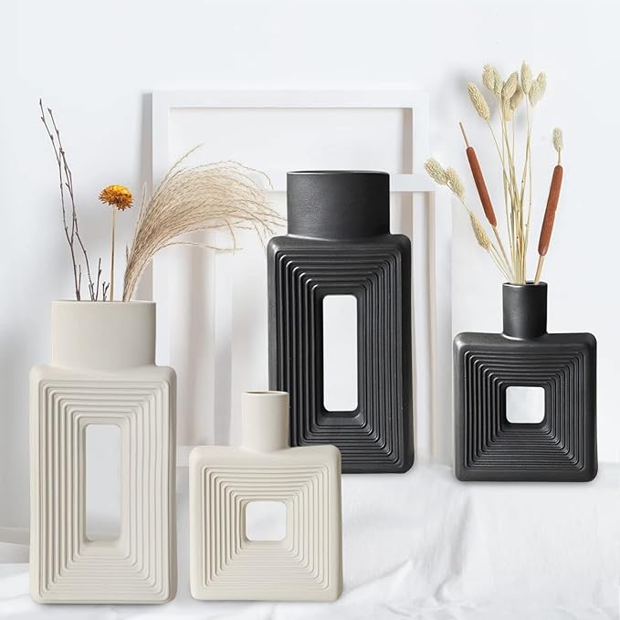 Black Ceramic Vase Set of 2，Square Vase Rustic Home Decor Minimalist Nordic Boho Style for Living Room, Shelf, Table, Bookshelf, Mantel and Entryway Decor Vases