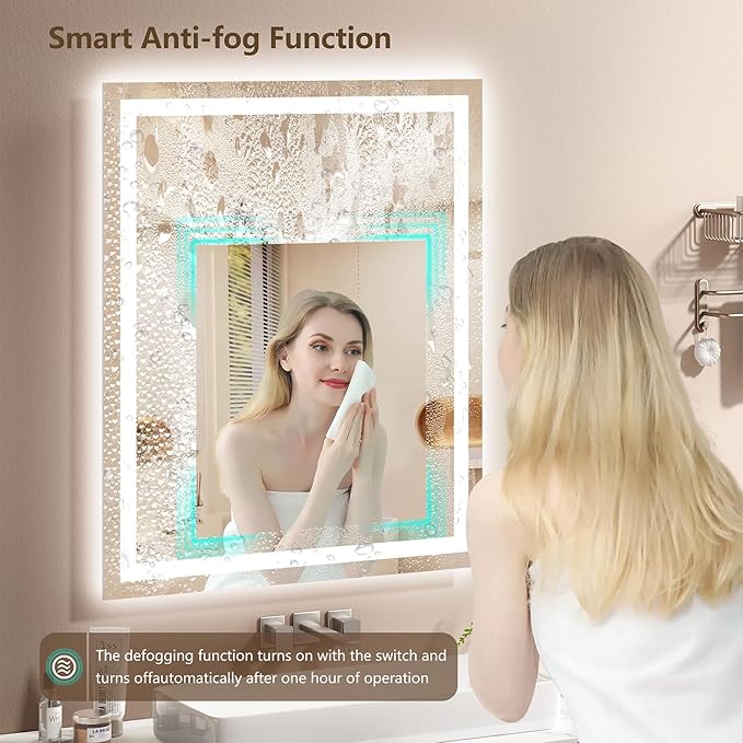 40x30 LED Bathroom Mirror with Lights - Dimmable, Anti-Fog, 3 Color Backlit & Front Lit Mirror for Bathroom, Shatter-Proof Tempered Glass, Easy Installation