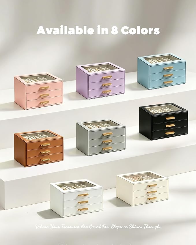 Homeanda Jewelry Boxes Organizer with Glass Lid, 3-Layer PU Leather, White | Modern style display case with 3 drawers for daily jewelry, women, mom or girl gift