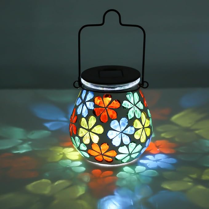 Afirst Mosaic Solar Lanterns Outdoor - Glass Hanging Solar Lights Hollow Out Waterproof Table Lamp Outdoor Decorative for Garden, Patio, Holiday Party Outdoor Decoration