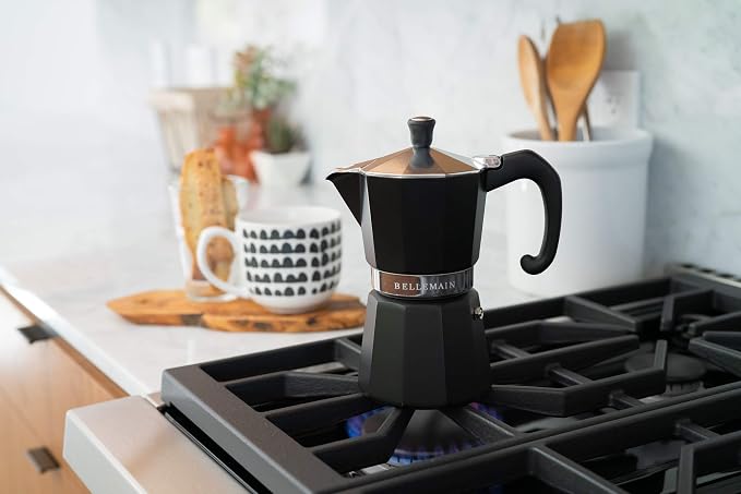 Bellemain Stovetop Espresso Maker, Italian Moka Pot, 3-Cup Black | Classic aluminum design brews rich espresso at home or camping, with an easy-to-use and easy-to-clean design.