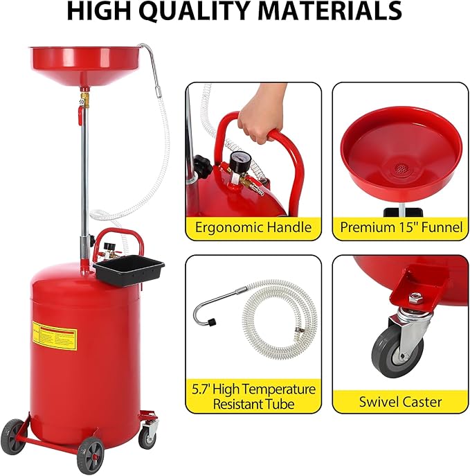 20 Gallon Oil Drain Tank, Fluid Fuel Transfer Tank, Portable Oil Drain Container, Air Operated Drainer with Wheels and a Toolbox, Adjustable Funnel Height