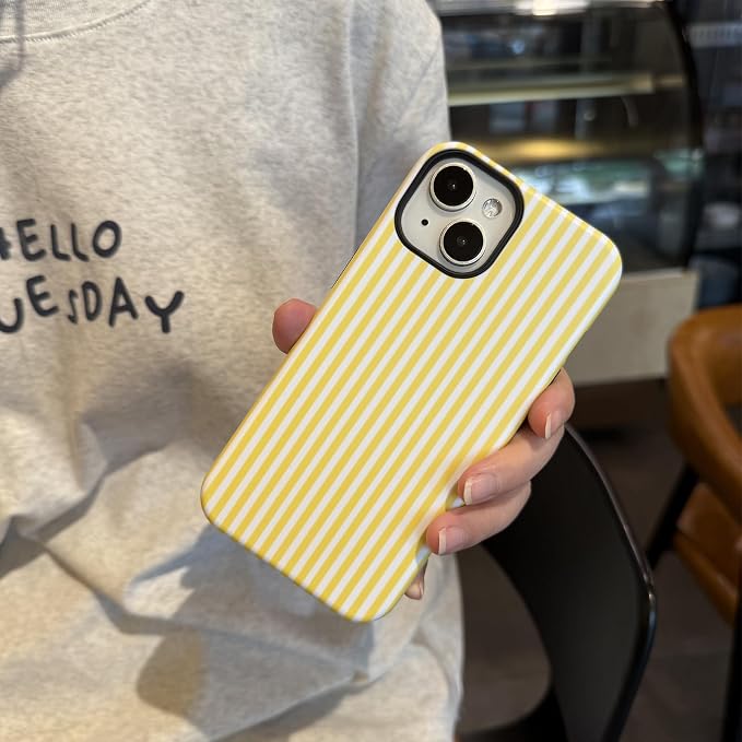 for iPhone 15 Plus/14 Plus Case Striped Cute Aesthetics Phone Case Trendy Protective Shockproof Cover for iPhone 15 Plus/14 Plus Yellow White