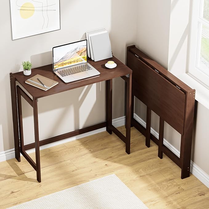 Bamboo Folding Desk for Small Spaces, Small Compact Foldable Desk, Brown | Space Saving Foldable Desk, Writing Desk Computer Table for Bedroom Home Office, Easy Assembly