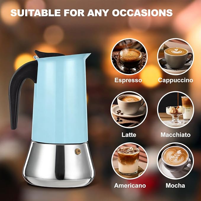 2 Cup Stovetop Espresso Maker Stainless Steel Moka Pot Stove Top Percolator Italian Coffee Makers Capable Mocha Greca Machine Cafe Classic Induction Cookers for Home and Camping 100ml 3.3oz