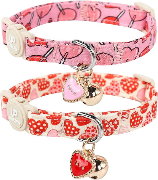 Cat Collar, 2Pack Valentine's Day Cat Collars-Cute Breakaway Cat Collar with Bell & Pendant, Sweet Heart Kitten Collars Pink Hearts with Safety Buckle for Girl and Boy Cats, 7-12Inch