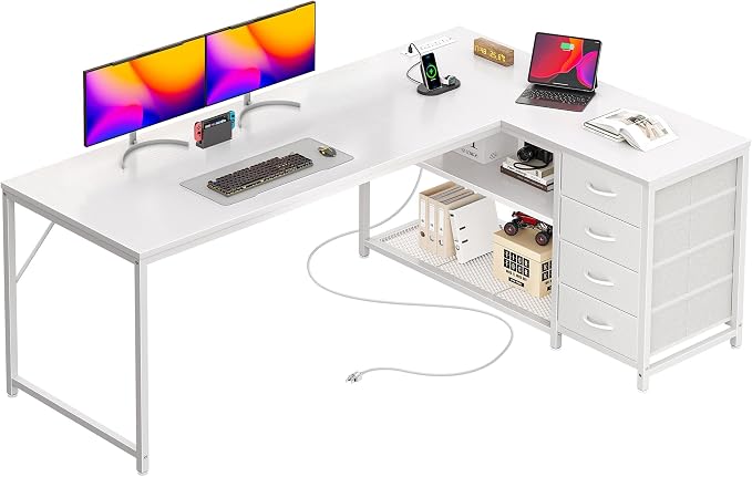 PRAISUN 61" L Shaped Desk with Power Outlets & USB-C Port, Reversible Computer Corner Office Desk with 4 Fabric Drawers and 2 Storage Shelves, Large Desk for Gaming Writing Study, White