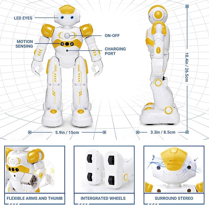 KingsDragon RC Robot Toys for Kids, Gesture & Sensing Programmable Remote Control Smart Robot for Age 3 4 5 6 7 8 Year Old Boys Girls Birthday Gift Present,Yellow