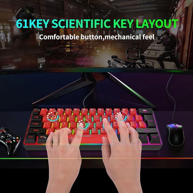 Snpurdiri 60% Wired Gaming Keyboard,True RGB Small Compact 61 Keys Mini Keyboard for PC/Mac Gamer, Typist, Travel, Easy to Carry on Business Trip(Black-Red) | Mini Gaming Keyboard for PC/Mac Gamer, Typist, Travel, Easy to Carry on Business Trip