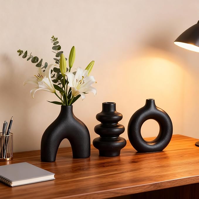 Ceramic 3 Pcs Vase Set,Modern Home Decor Table Centerpiece,Minimalist Nordic Vases, Wedding, Living Room, Bookshelf, Office, Modern Home, Entryway Boho Decor (Black)