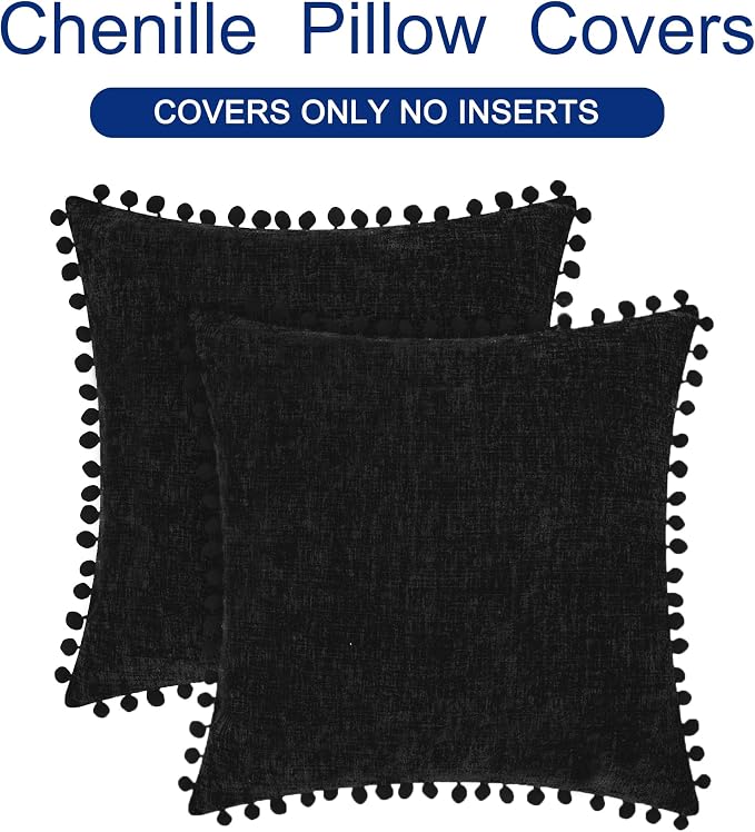 CaliTime Decorative Couch Throw Pillow Covers 18 X 18 Inches Black | Pack of 2, Cozy Chenille Cushion Cases, with Pom Poms for Sofa Bed Living Room Farmhouse Home