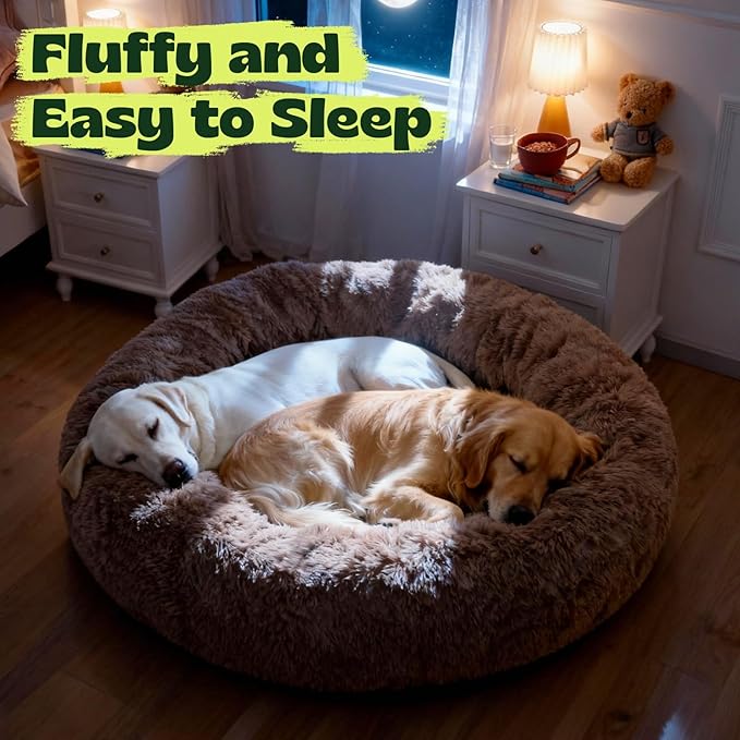 Extra Large Orthopedic Dog Bed Waterproof Removable Cover for Calming Donut Dog Bed Washable,Cooling Gel Foam Round Anxiety Plush Sherpa Covers Comfort for Old Fluffy Friends 48 Inch,Camel