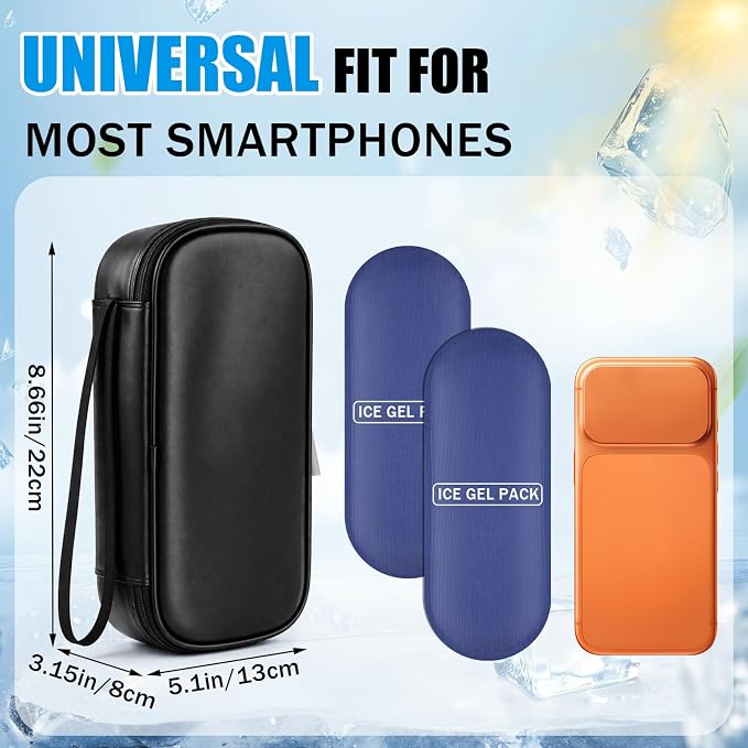 Phone Cooler Bag for Beach, Portable Phone Cooling Pouch with 2 Reusable Ice Packs, Keeps Cool in Extreme Heat for Car Pool Hiking, Extends Battery Life, Fits All Smartphones(Black,PU)
