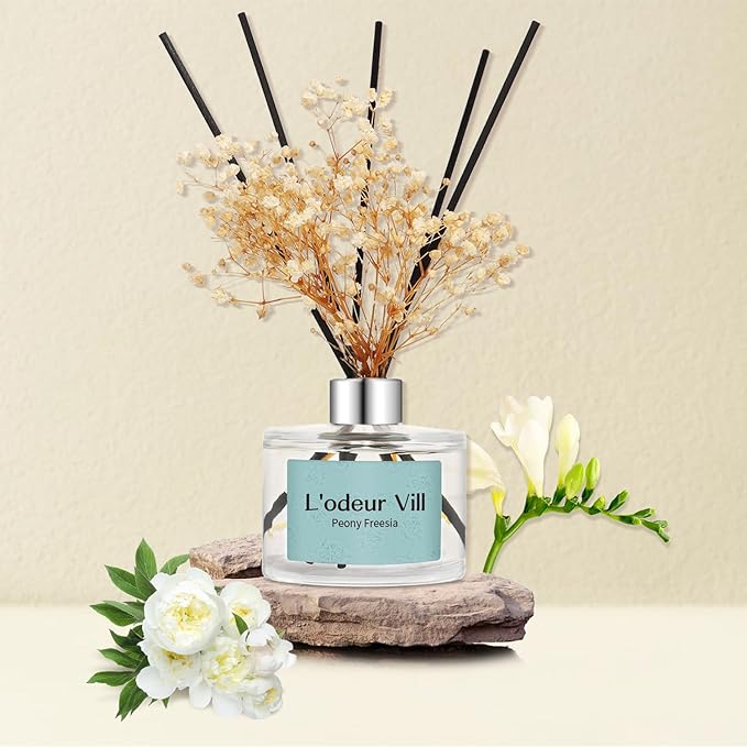 L'odeur Vill Reed Diffuser Set, 6.7 oz(200ml) Peony Freesia Scented Diffuser with 6 Oil Diffuser Sticks, Home Fragrance Essential Oil Reed Diffuser for Home Large Rooms Bathroom Shelf Decor