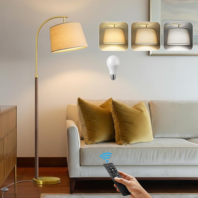 63" Wood Floor Lamp for Living Room Dimmable Standing Lamp with Remote & Foot Switch, 3 Color Temperatures Tall Lamp Mid Century Modern Floor Lamp for Bedroom Office, 9W Bulb Included, Chestnut