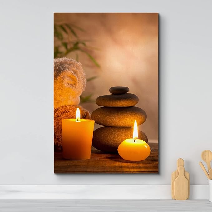 wall26 Canvas Print Wall Art Massage Stones with Atmospheric Candles Floral Nature Photography Zen Scenic Relax/Calm Multicolor for Living Room, Bedroom, Bathroom, Office - 16"x24"