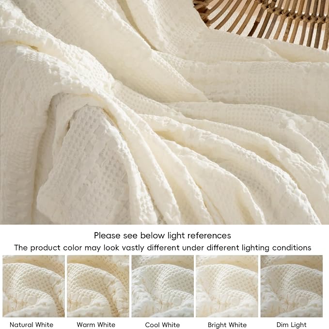 PHF 100% Cotton Waffle Blanket Twin Size, Lightweight Breathable Summer Blanket for Hot Sleepers, Pre-Washed Soft Layer for Bed, Dorm, Couch & Guest Room, Home Decor Gift, 66"x90", Ivory