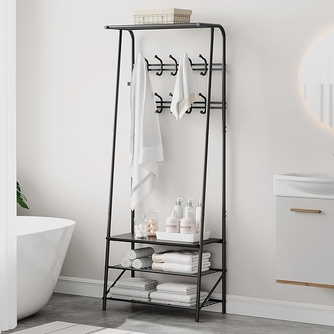 Jojoka 25" Coat Rack, Hall Tree with Shoe Bench and Storage, 4-Tier Shelf with 5 Hooks, Freestanding Metal Entryway Organizer for Hallway, Accent Furniture for Bathroom