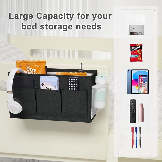 Dual-purpose Bedside Caddy Bedside Organizer, Bed Caddy with 6 Pockets, Versatile Bedside Storage Solution Magazine Remotes holder, ideal for Home, Dorm, Hospital, Crib Bed (Black)