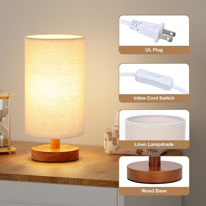 Fenmzee Small Table Lamps (Beige Shade - Walnut Base, 9" Inline Control) | 3000K LED Blub Included | 680 Lumens | Easy Assembly | Minimalist Design | E26 | for Kitchen | for Kids Room