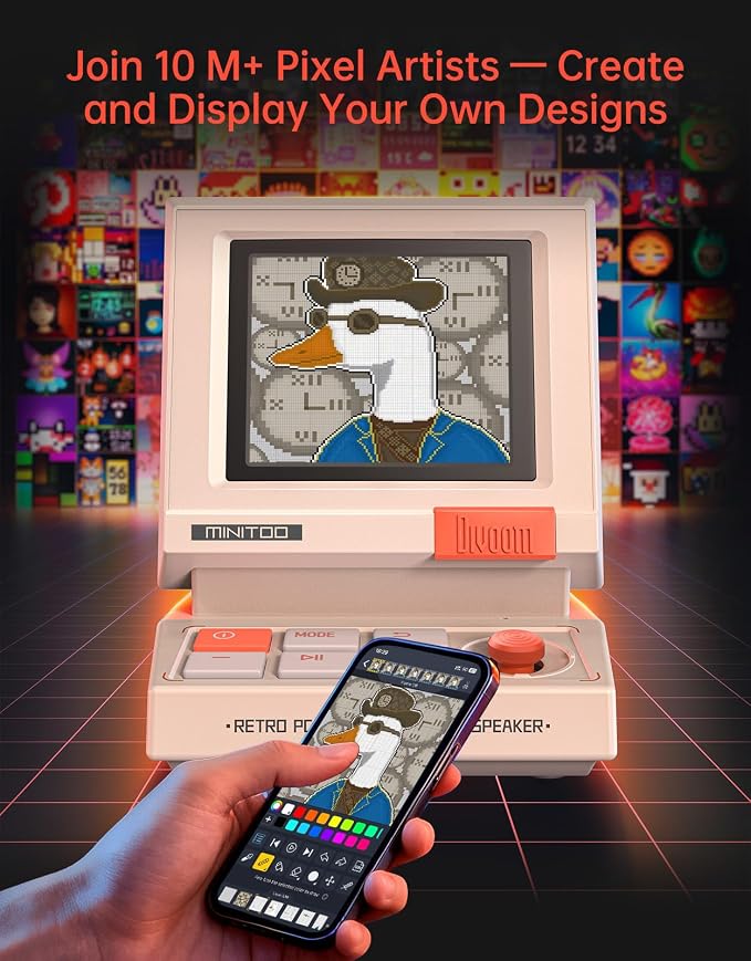 Divoom MiniToo Retro PC-Style Computer Speaker, Pixel Screen with DIY Faces | Bluetooth & USB Audio, Alarm/White Noise Clock, Desk Setup Gifts for Gaming
