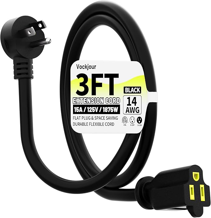 Vockjour 3 FT Black Low Profile Flat Plug 14 Gauge Heavy Duty Extension Cord, 14AWG 3-Wire Grounded Appliance Extension Cord, 15A/125V/1875W SJTW ETL Listed Power Cord