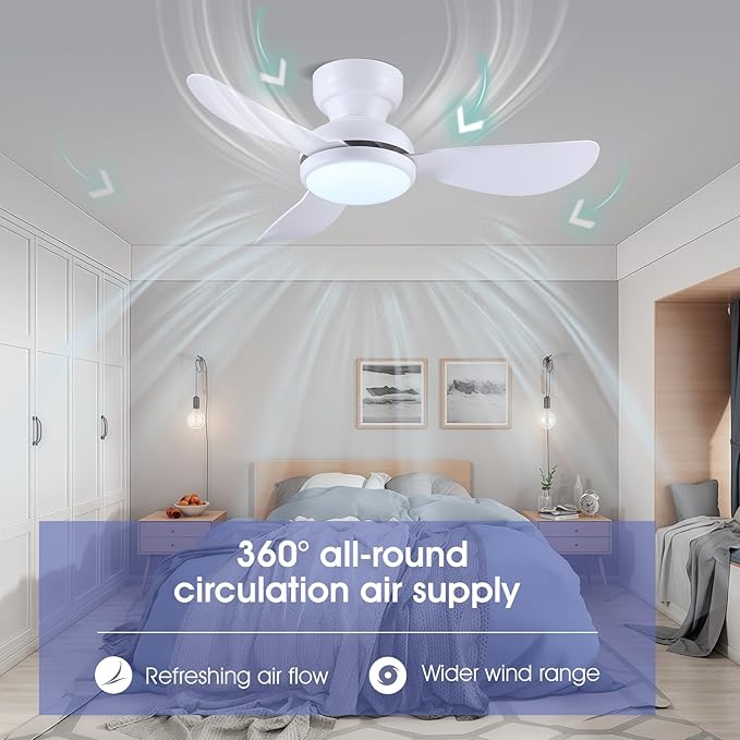 36 Inch Ceiling Fans with Lights, Small Flush Mount Ceiling Fan, Remote/APP Control, 3 Reversible Curved Blades, 6 Speeds, 3 CCT Dimmable Lights for Bedroom, White