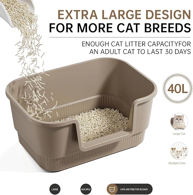 Cat Litter Box with Litter Mat and Scoop,High Wall Enclosed Cat Litter Boxes for Anti-Leakage, Covered Kitty Litter Box with Handle and Buckles for Portability and Privacy, Odor Control (Brown)