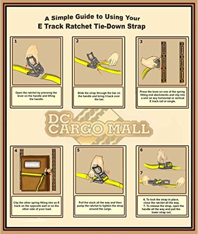 E Track Accessories TieDown Kit - (4) 2"x16" Ratchet Straps, (8) TieOffs, (6) O Rings, (1) Etrack Cargo Bag. Ideal TieDown Accessories Bundle for Trucks, RVs, Bikes, Trailers, Boats - DC Cargo Mall