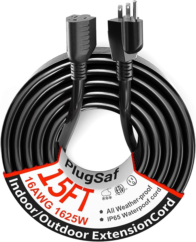 PlugSaf Black Outdoor Extension Cord 15 ft 16/3 Gauge Waterproof, Cold Weatherproof -58°F, Flame Retardant, Flexible 3 Prong Electric Cord for Lawn Office,13A 1625W 16AWG SJTW, ETL Listed