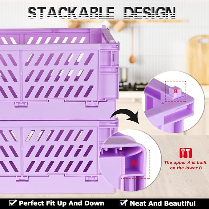 Tixill 2-Pack Mini Foldable Plastic Baskets for Organizing and Storage, Collapsible Storage Crate for Home Kitchen Bedroom Bathroom Office (5.9x3.8x2.2, Purple)