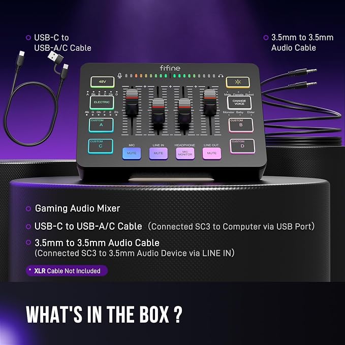 FIFINE Gaming Audio Mixer, Streaming RGB PC Mixer with XLR Microphone Interface, Individual Control, Volume Fader, Mute Button, 48V Phantom Power, for Podcast/Recording/Vocal/Game Voice-AmpliGame SC3 | USB PnP For PC,Mute Button,XLR Preamp,RGB,Voice ch...