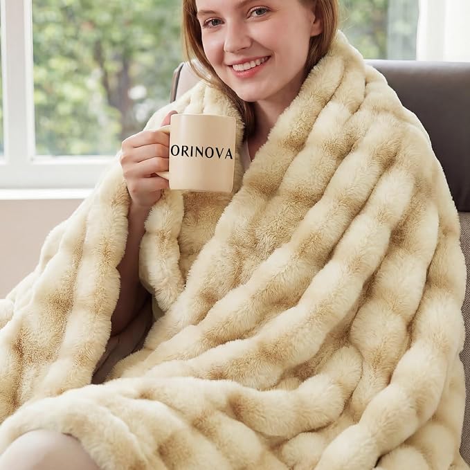 ORINOVA Light Tie-dye Yellow Thick Throw Blanket for Couch Living Room 50x60 Fluffy Bed Furry Comforter Soft Blanket Best Housewarming Home Gifts 860 GSM