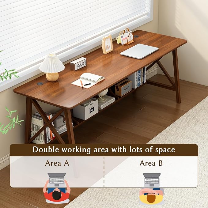 NELYE Extra Long Writing Desk with Bookshelf, 63" Wx20 Dx30 H, Walnut | Wooden Home Office Work Study Table, Computer Gaming Workstation with Storage Shelf, Sturdy MDF Resists Wobble