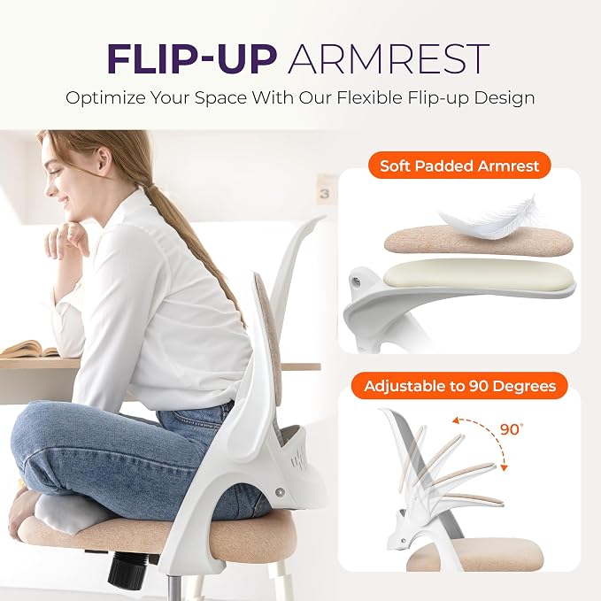 NEO CHAIR Office Desk Gaming Ergonomic Computer Chair with Lumbar Back Support Adjustable Height Swivel Rolling Wheels Flip-up Arms Mesh Chair for Home Vanity (Beige) | Lumbar Support, Height Adjustment, 360° Swivel and Rolling Base, Space-Saving Desig...