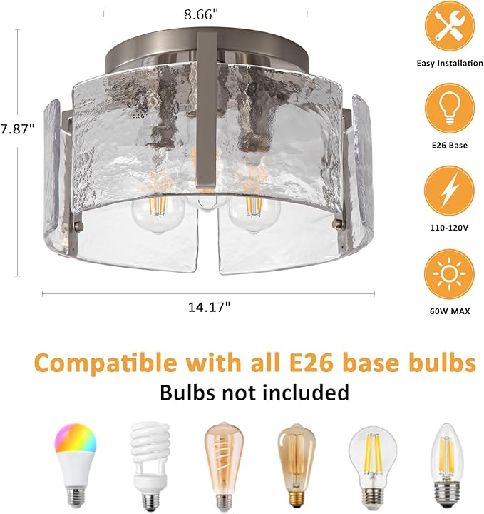 Modern Semi Flush Mount Ceiling Light Fixture, Nickel Hallway Light Fixtures Ceiling Mount, Dimmable Foyer Kitchen Lighting Fixtures Ceiling Lights for Bedroom Bathroom Dining Room Laundry Room