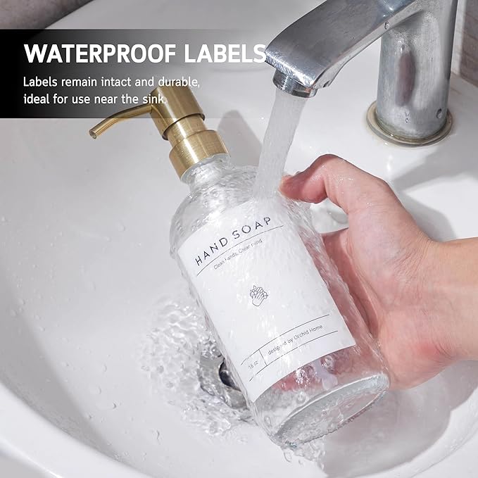 [Luxury] Kitchen Soap Dispenser Set - 16OZ Clear Glass Bottle, Stainless Steel Pump, Instant Dry Tray, Waterproof Labels, Non-Slip Silicone Pad, and Dish Brush | Upgrade for Your Kitchen and Bathroom