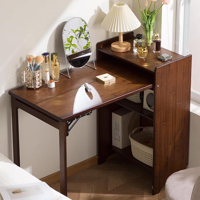 Bamboo Folding Desk with Storage, Foldable Desk for Small Spaces, Brown | Space-Saving Computer Desk with Storage, Compact Size, Writing Study Table for Home Office, Bedroom, Dorm, Apartment