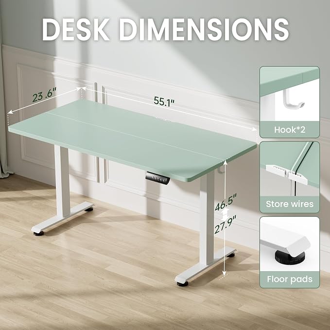 Veken Standing Desk, Green, 55×23.6 Inch | Height Adjustable Sit Stand Up Computer Tables for Home Office, Study , Writing, Suit students, employees and group work