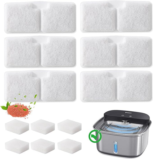 6 Pack Cat Water Fountain Filters, Replacement Filters Compatible for 128oz/3.78L Wireless Stainless Steel Pet Water Dispenser, 6 Filters + 6 Sponges